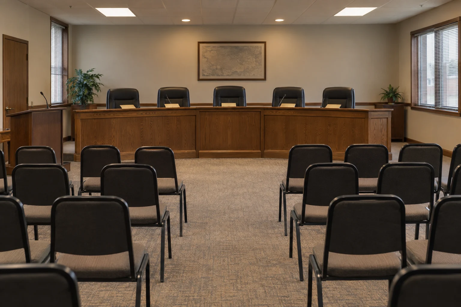 An empty public meeting room with audience chairs facing a municipal dais.