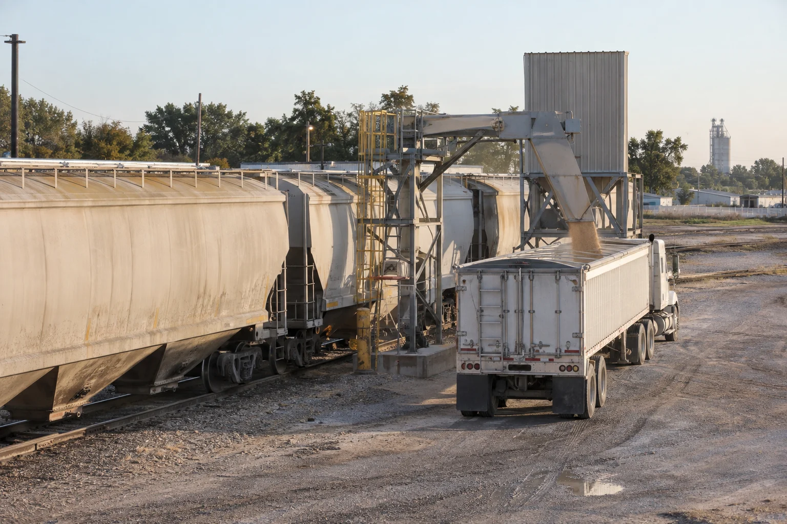 Railcars and a semi trailer positioned at a bulk freight transfer point.